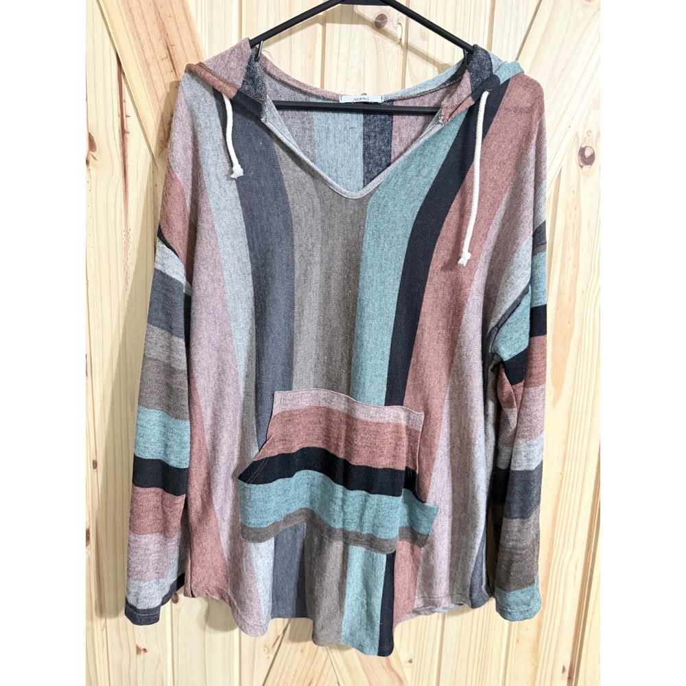 Acemi Womens Multi Color Vertical Stripe Hooded Knit Sweater V-Neck pock (0515V)